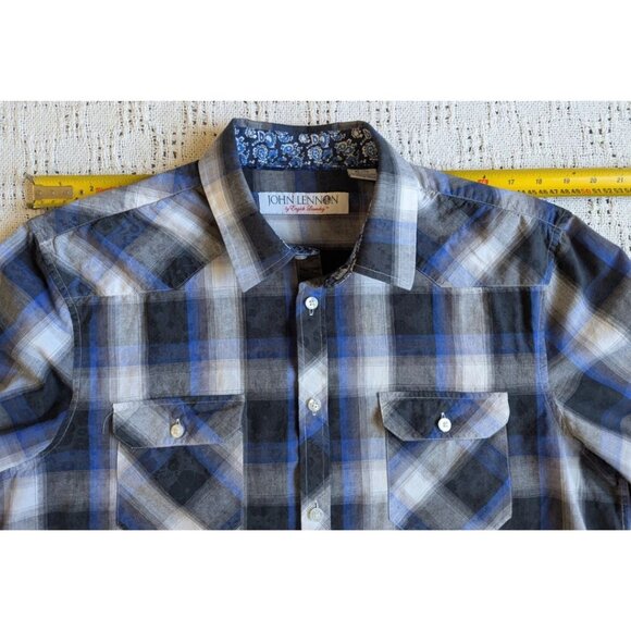 John Lennon English Laundry Cotton Shirt Plaid over Floral Background Men L /XL - Picture 4 of 8